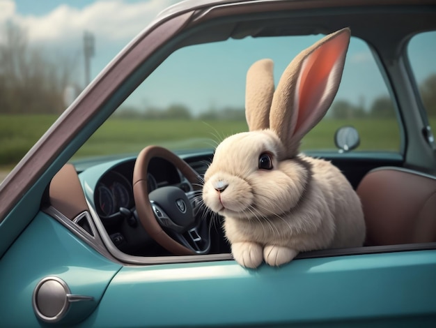 Lapin Gris Blanc Dans La Voiture Peeps Derrière Le Volant D'une