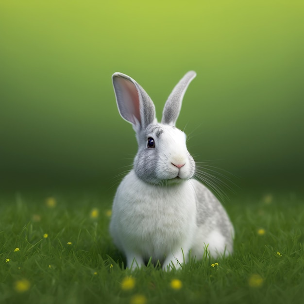 Lapin gris blanc de pâques calme portrait de lapin tout le corps assis dans un champ vert