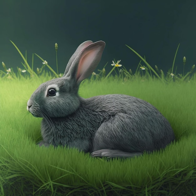 Un lapin gris est assis dans l'herbe devant un fond sombre.