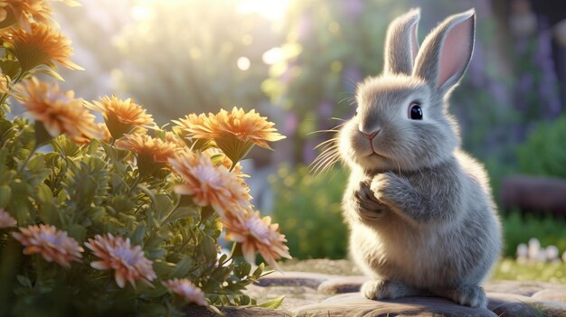 Un lapin gris pelucheux reniflant des fleurs dans un jardin généré par l'IA