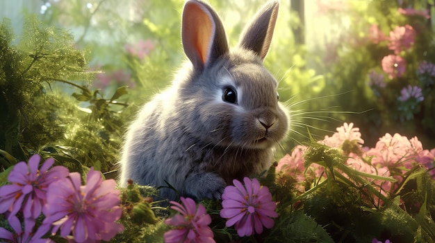 Un lapin gris pelucheux reniflant des fleurs dans un jardin généré par l'IA