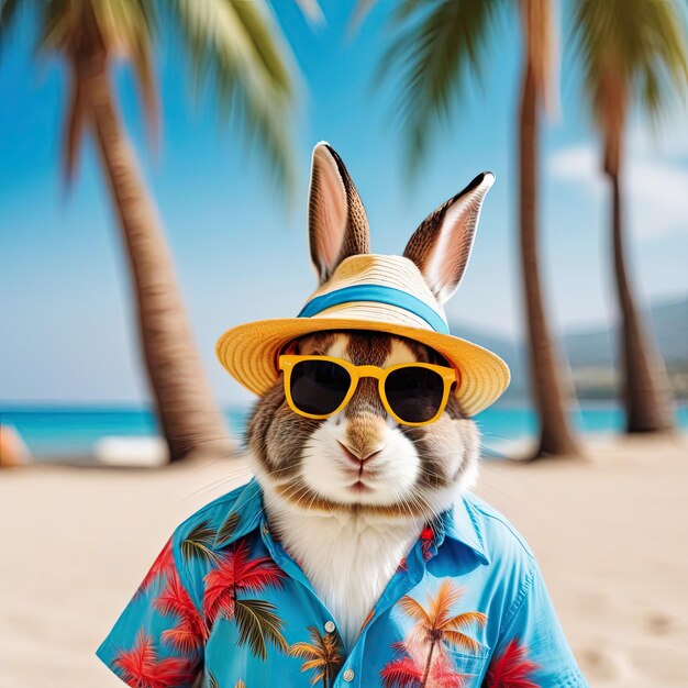 Un lapin à gros cheveux drôle avec des lunettes de soleil et un chapeau.