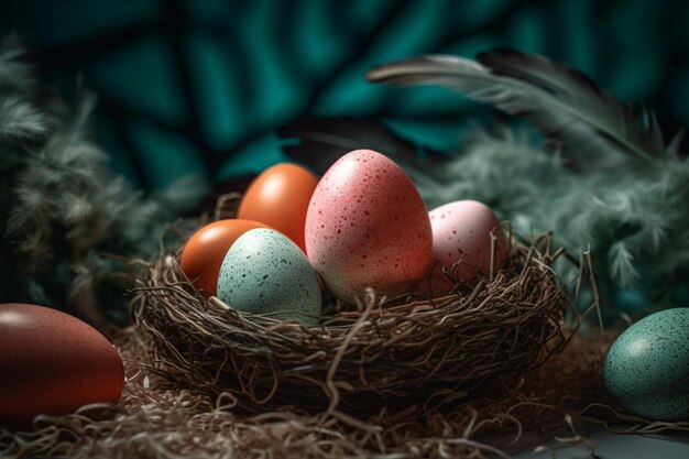 Lapin heureux avec de nombreux oeufs de pâques colorés Concept de jour de Pâques avec des bonbons ou des fleurs de nid de lapin