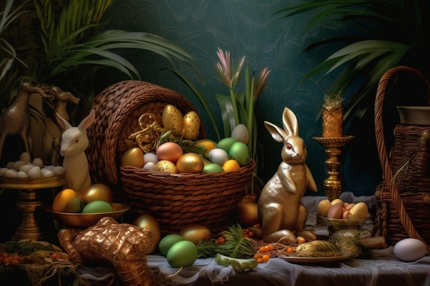 Lapin heureux avec de nombreux oeufs de pâques colorés Concept de jour de Pâques avec des bonbons ou des fleurs de nid de lapin