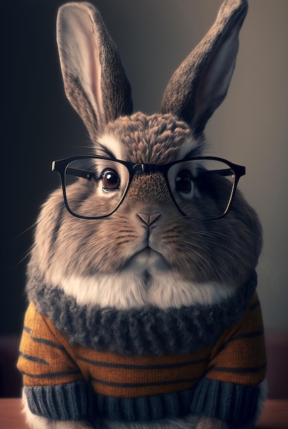 Lapin hipster portant des vêtements et des lunettes Portrait de lapin IA générative