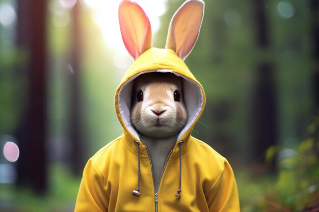 Un lapin en imperméable jaune sur le fond de la forêt