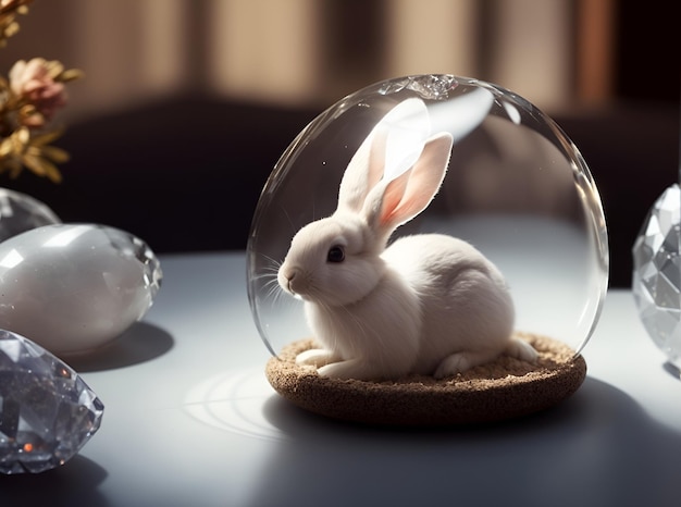 Un lapin à l'intérieur d'un œuf de cristal placé sur une table