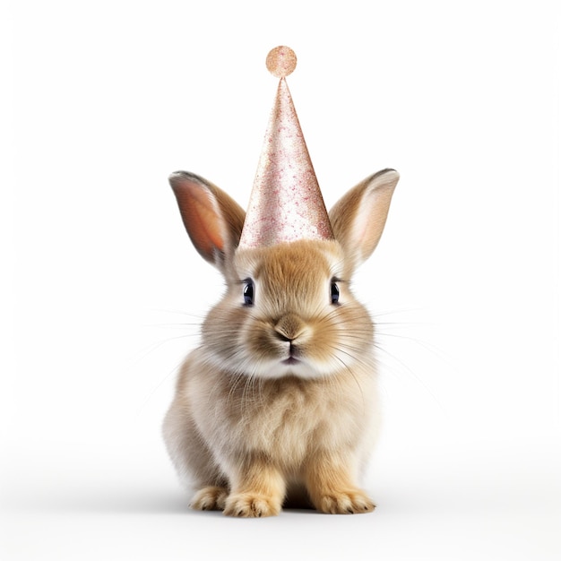 Photo un lapin isolé avec un chapeau d'anniversaire sur fond blanc