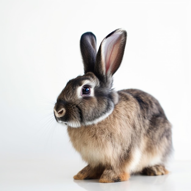 Un lapin isolé avec une coccinelle sur son oreille sur fond blanc