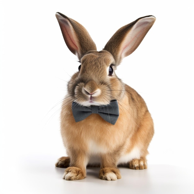 Un lapin isolé avec un noeud papillon sur fond blanc