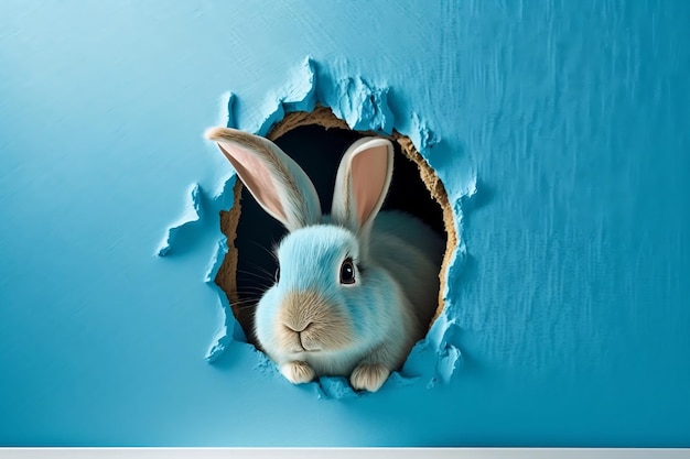 Lapin jetant un coup d'œil par un trou dans le mur bleu Bannière de lapin de Pâques avec un lapin sautant d'un trou déchiré AI générative