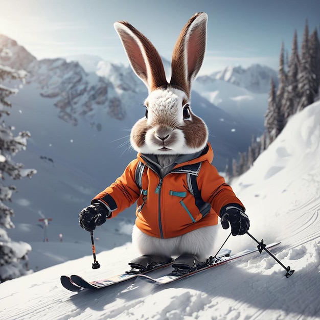 Un lapin avec une jupe avec des tasses et un haut avec un bâton de ski dans sa main