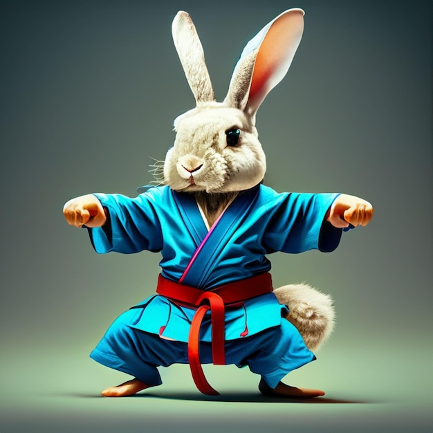 Un lapin en kimono combattant le karaté