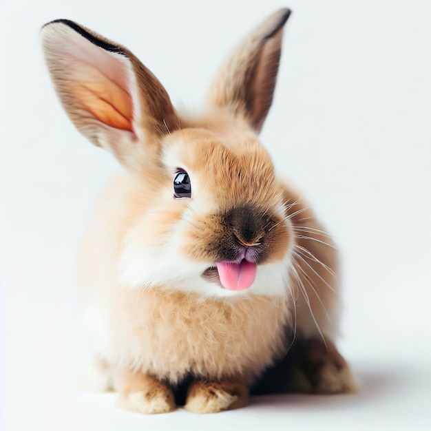 Un lapin avec une langue rose est assis sur un fond blanc