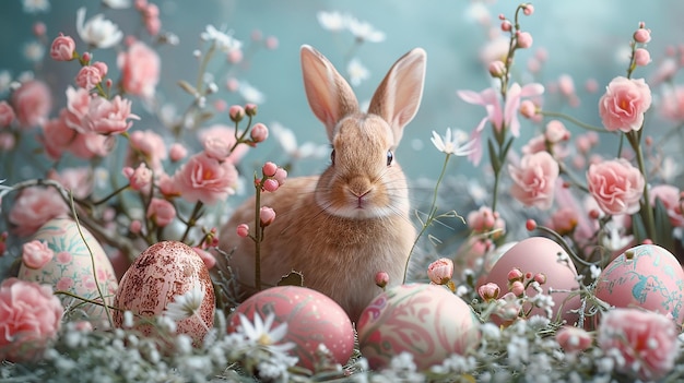 un lapin avec un lapin au milieu des fleurs