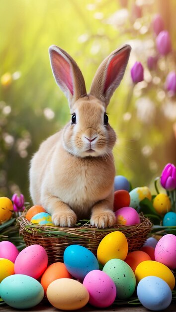 Photo un lapin avec un lapin dans un panier d'œufs