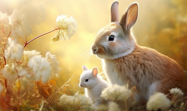 un lapin et un lapin sont dans un champ de fleurs