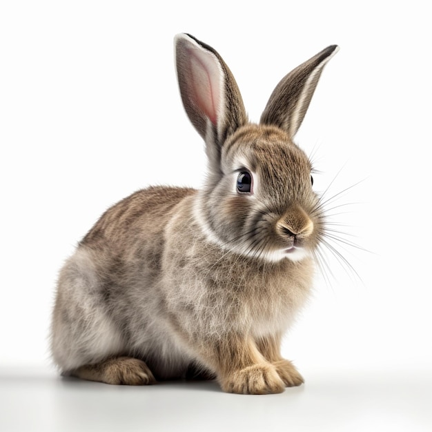 Un lapin avec de longues oreilles et un gros nez est assis sur un fond blanc.