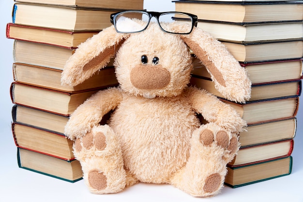 Un lapin en lunettes se trouve près de piles de livres.