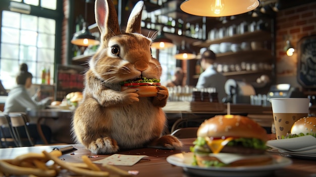 Photo un lapin mange un sandwich et un hamburger avec un homme en arrière-plan