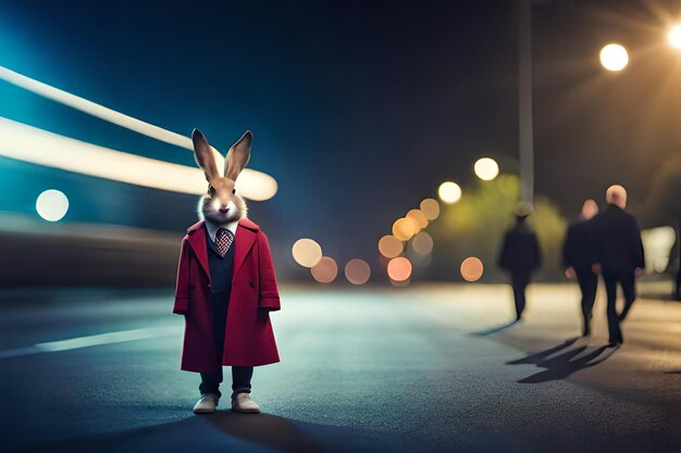 un lapin en manteau rouge se tient dans une rue avec un homme en costume dans la rue.