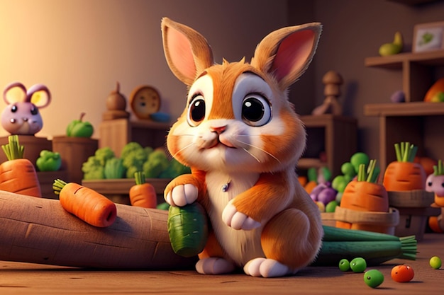 Lapin mignon 3D avec des carottes autour IA générative