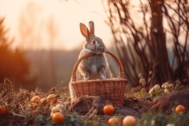 Lapin mignon assis dans un panier dans un beau champ de campagne AI générative