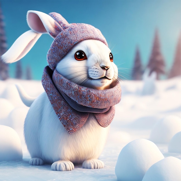 Lapin mignon bonhomme de neige coiffé d'un chapeau