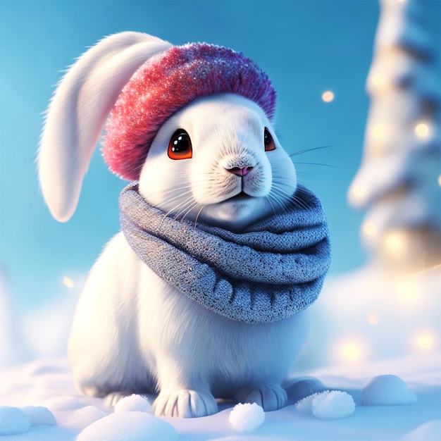 Lapin mignon bonhomme de neige coiffé d'un chapeau