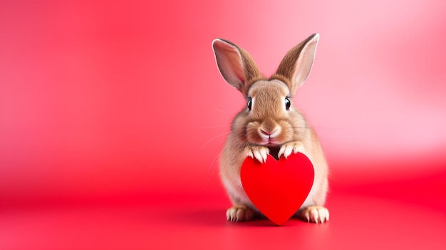 Un lapin mignon avec un cœur qui regarde la caméra avec amour Carte postale avec un lapin de compagnie drôle pour la Saint-Valentin Arrière-plan festif avec espace de copie