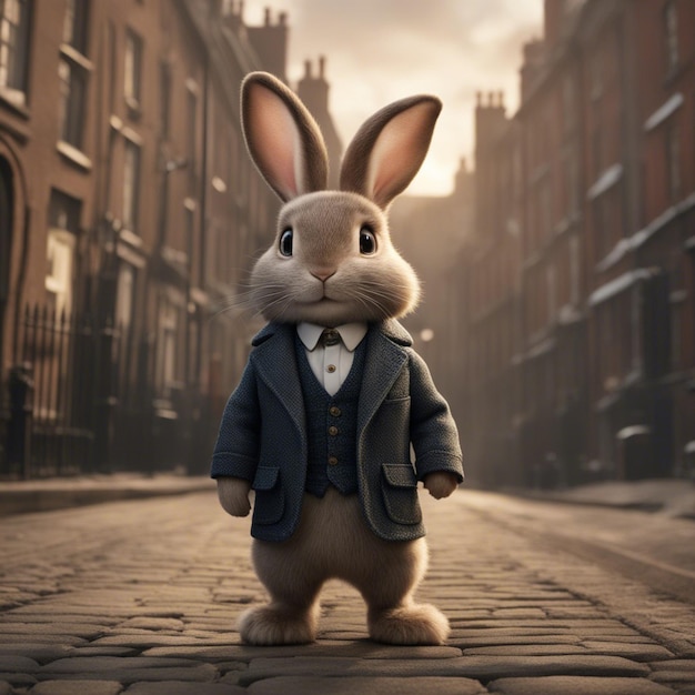 Un lapin mignon en costume se tient dans la rue