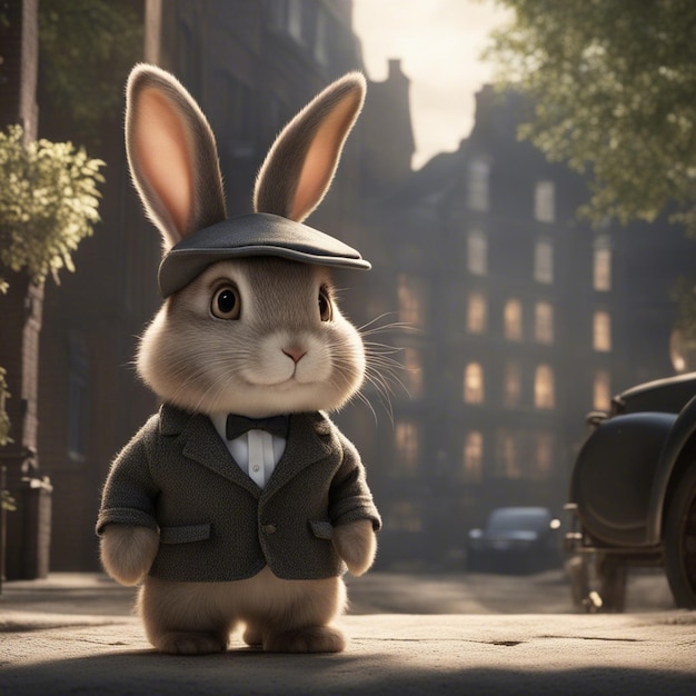 Un lapin mignon en costume se tient dans la rue