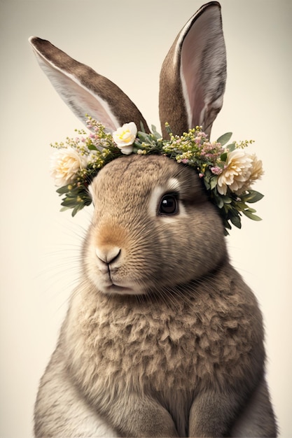 lapin mignon avec couronne de fleurs vue rapprochée IA générative