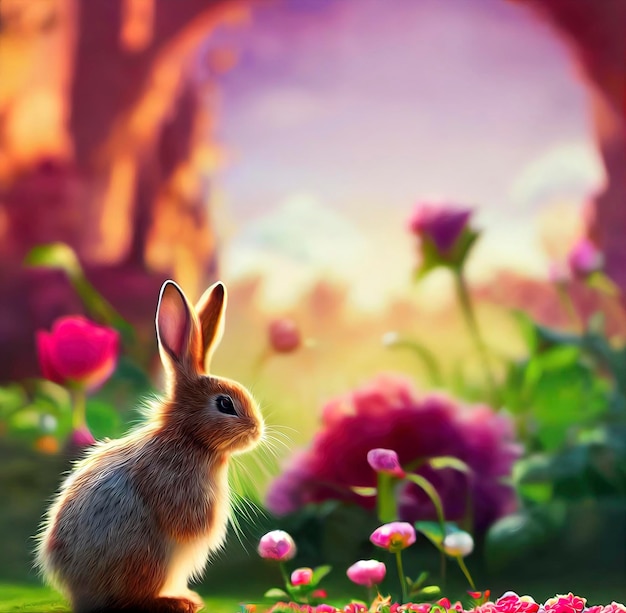 Lapin mignon dans le champ de pivoines année du lapin 2023