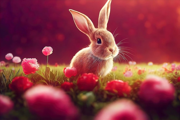 Lapin mignon dans le champ de pivoines