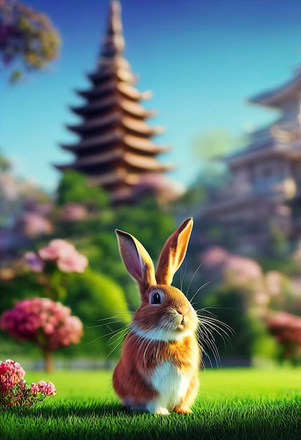 lapin mignon dans un décor chinois