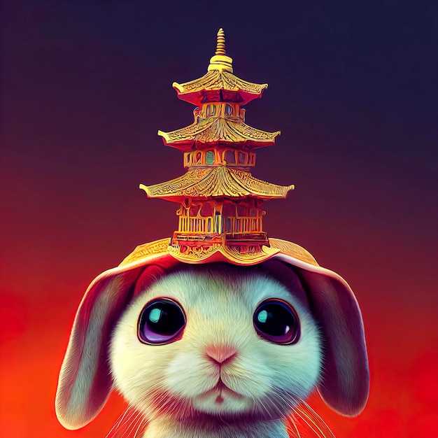 lapin mignon dans un décor chinois