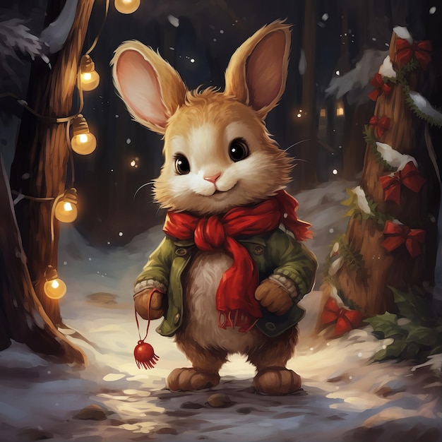 Photo un lapin mignon dans un foulard chaud et des cadeaux sous l'arbre de noël