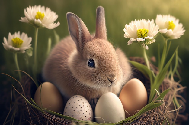 Lapin mignon dans le nid avec des oeufs de pâques peints et des vacances de fleurs fond festif concept de joyeuses pâques