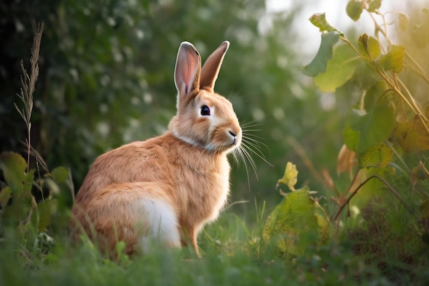 Lapin mignon dans le pré au coucher du soleil