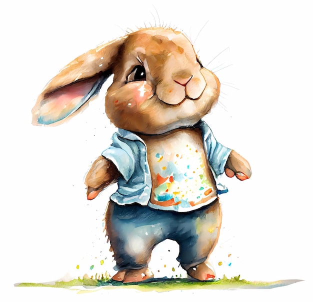 Lapin mignon dans des vêtements peints à l'aquarelle