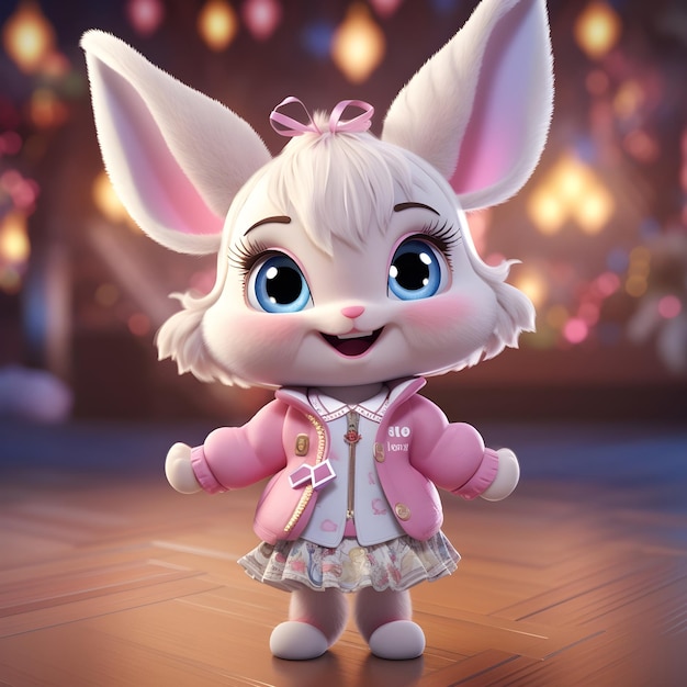 un lapin mignon de dessin animé porte une jolie tenue dans une fête rendu 3D IA générative