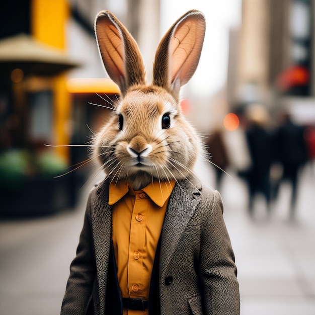 Un lapin mignon et drôle en costume à la promenade Un lapin drôle et drôle dans un costume à la marche