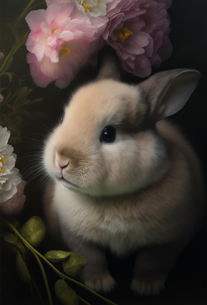 Lapin mignon en fleurs roses