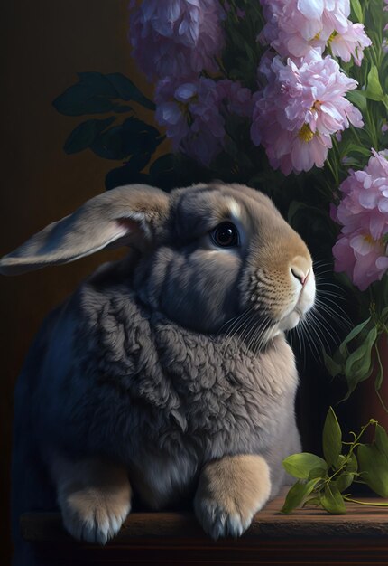 Lapin mignon en fleurs roses