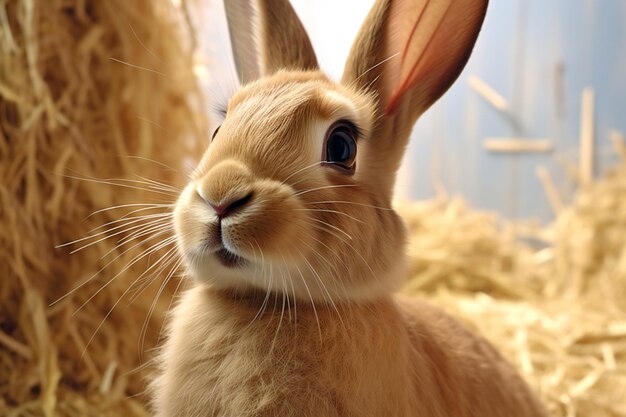 Le lapin mignon sur le foin, le fond en gros plan, l'élevage