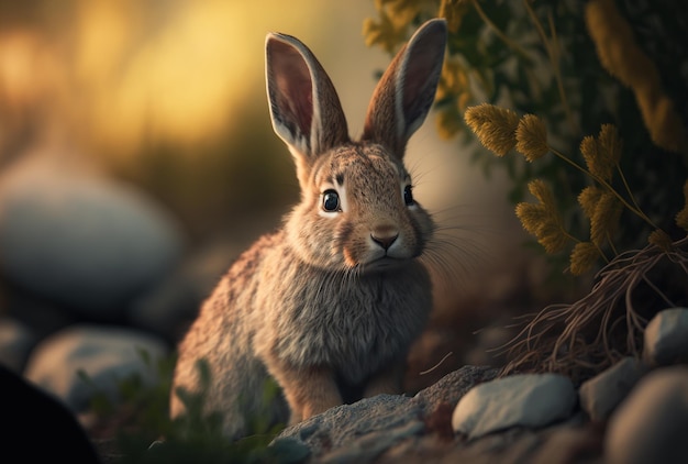 Lapin mignon sur fond de nature Créé avec la technologie Generative AI