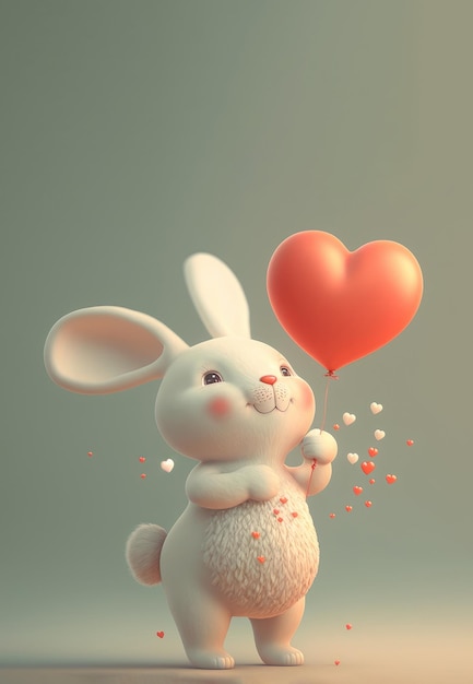 Lapin mignon jouant avec un coeur sur un fond vert Generative AI