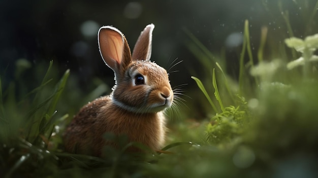 Photo lapin mignon jouant dans l'herbe avec des gouttes de rosée du matin et un arrière-plan flou isolé