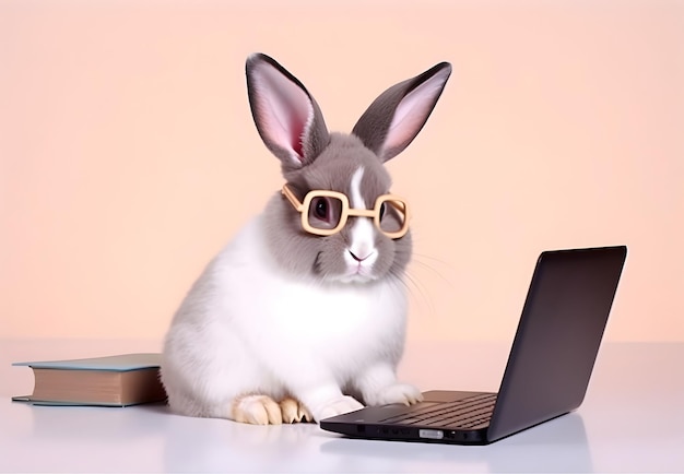 Lapin mignon avec livre de lunettes et ordinateur portable Concept d'animal de compagnie assidu